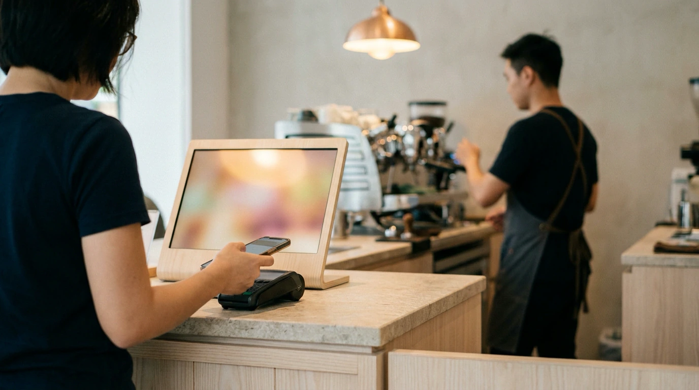 A customer paying at a café counter, a slim screen facing them showing their order