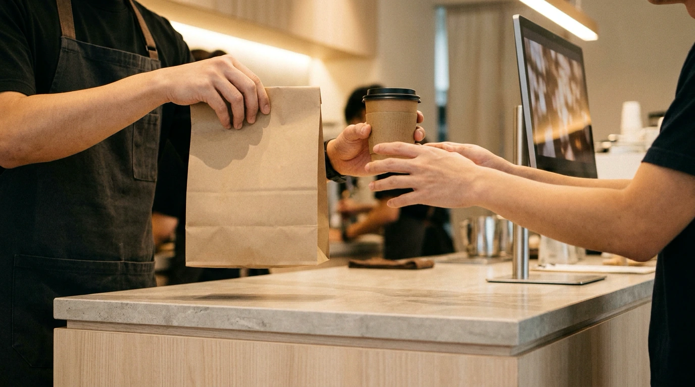 A barista handing a paper takeaway bag and a coffee across the counter to a customer collecting an order
