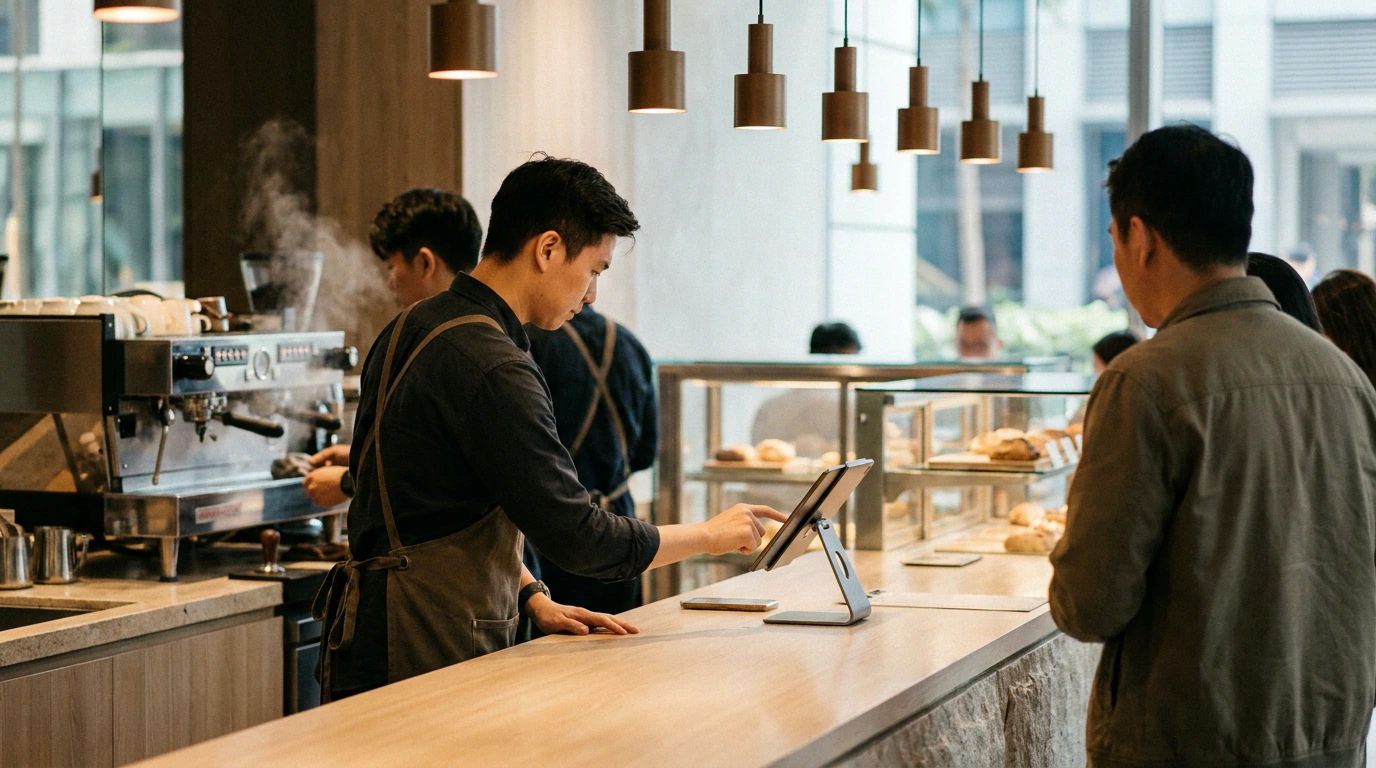 A barista taking an order at a café counter on a tablet terminal during a busy morning
