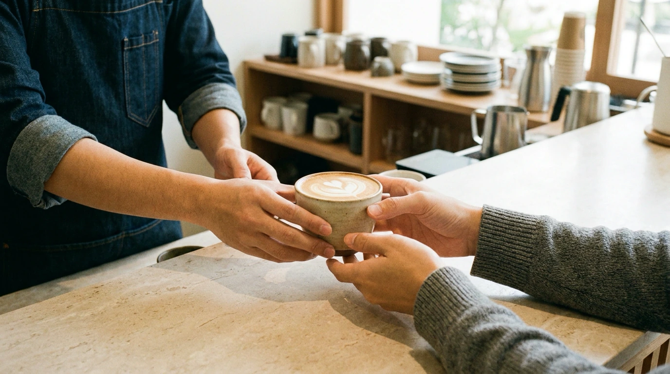 A barista handing a regular customer their coffee across the counter