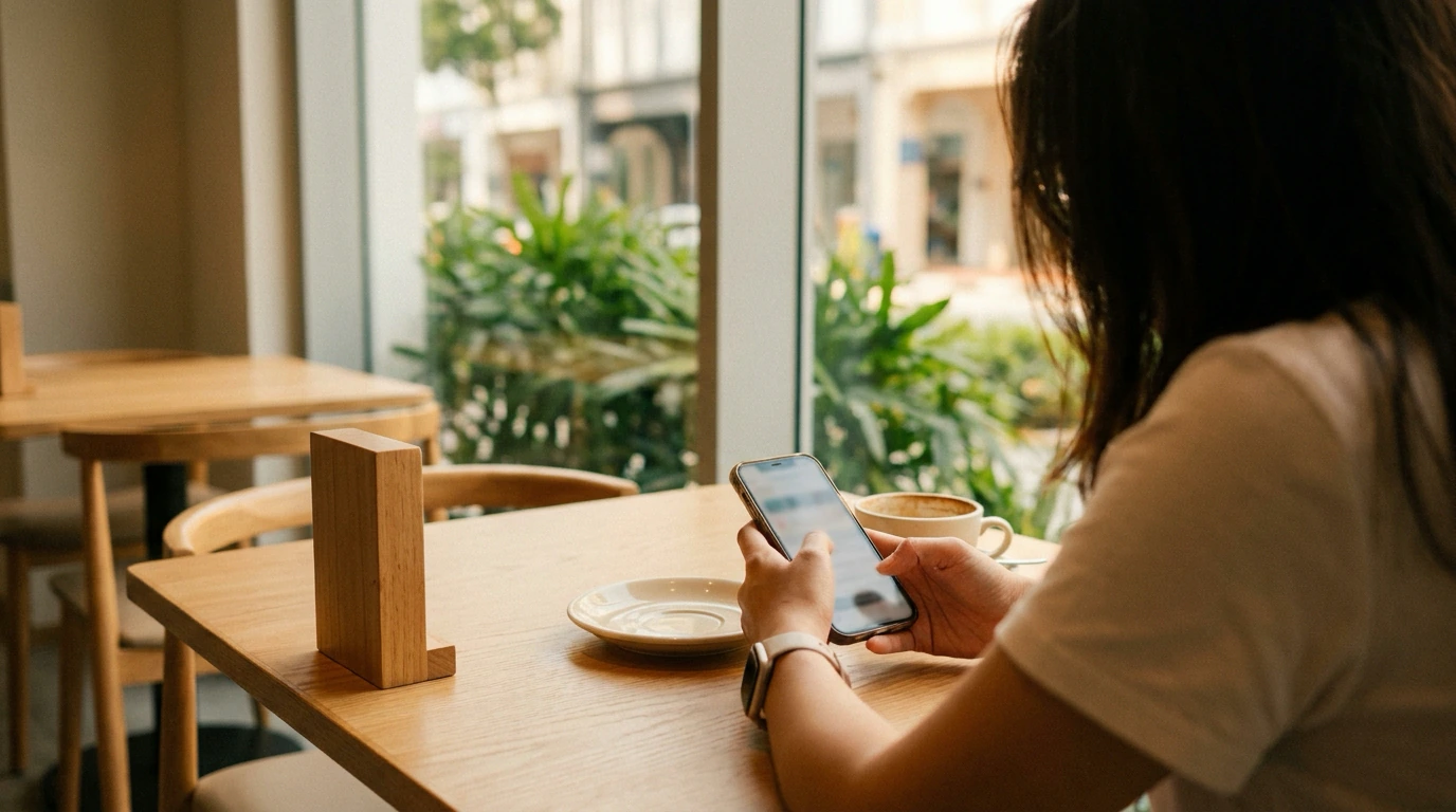 A café customer at a table ordering on their phone, a coffee beside them