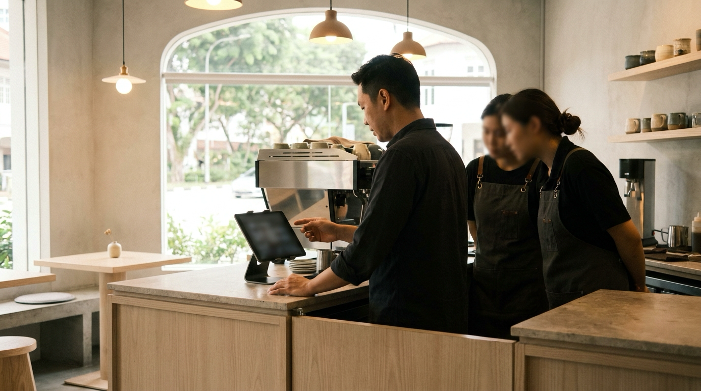 A trainer at a café counter pointing something out on a tablet while two staff in aprons watch